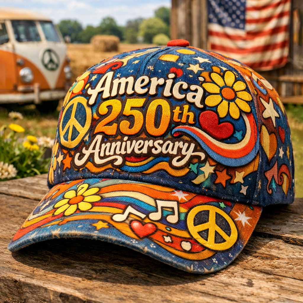 America 250th Anniversary 1776 2026 Hat Hippie Themed America's 250 Birthday Baseball Cap