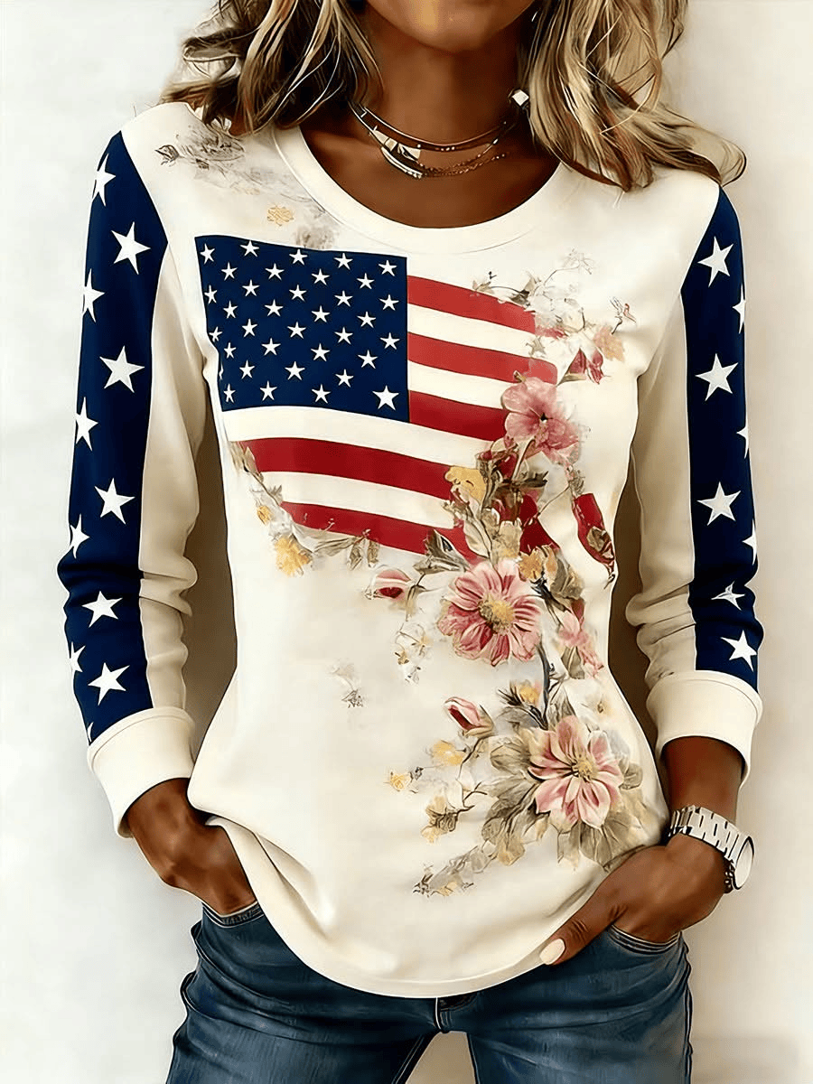 America 250th Anniversary 1776 2026 Long Sleeve T-Shirt Floral USA Flag Shirts Patriotic Gifts