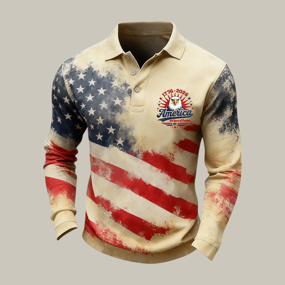 America 250th Anniversary 1776 2026 Patriotic Eagle Polo Long Sleeve Shirt July 4 Outfits