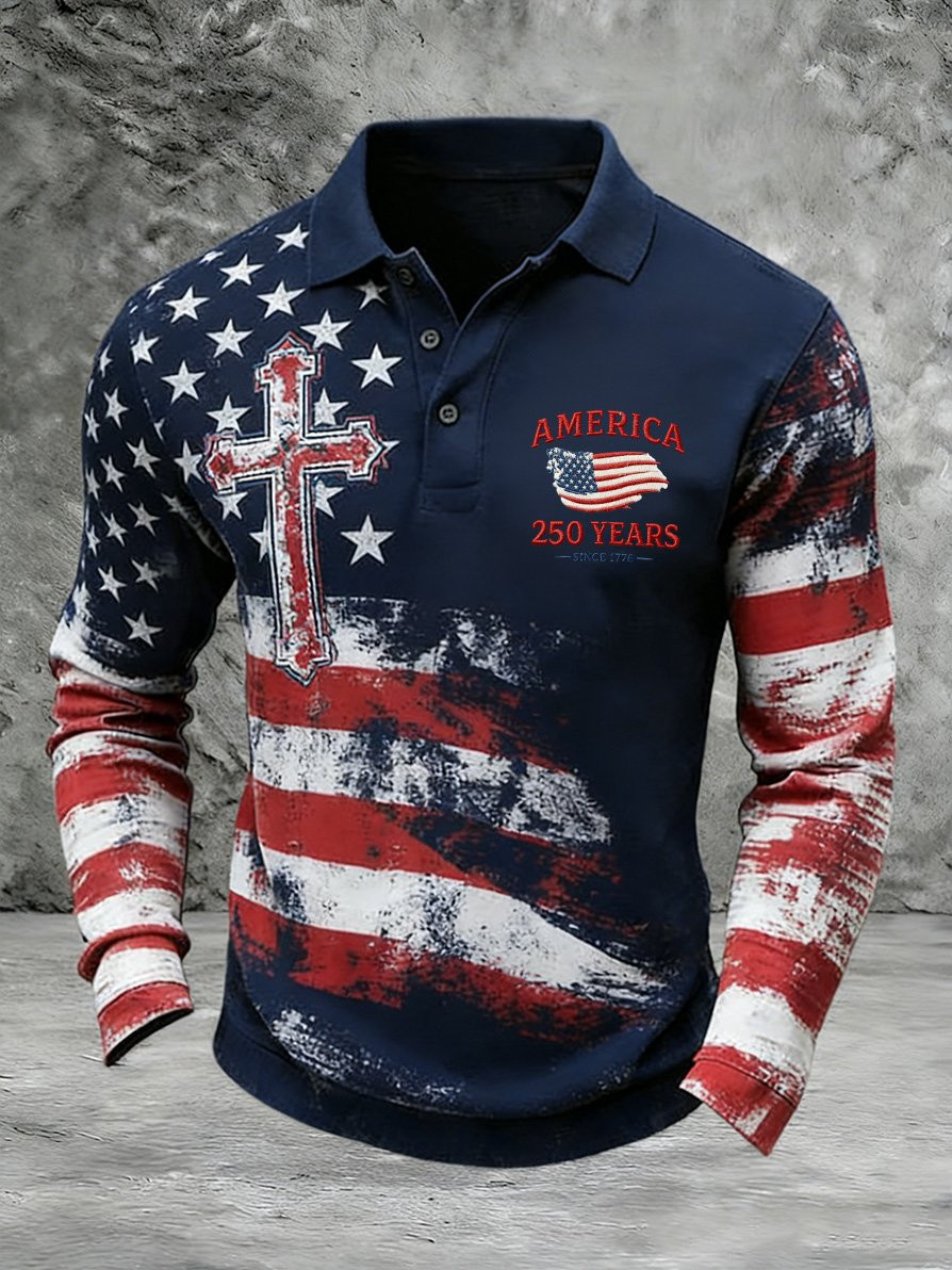America 250Th Anniversary 1776 2026 Polo Shirt Men's Long Sleeve American Flag Shirt Dad Gifts