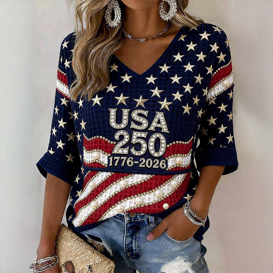 America 250th Anniversary 1776 2026 Stars V-Neck Long Sleeve Shirt Independence Day Clothing