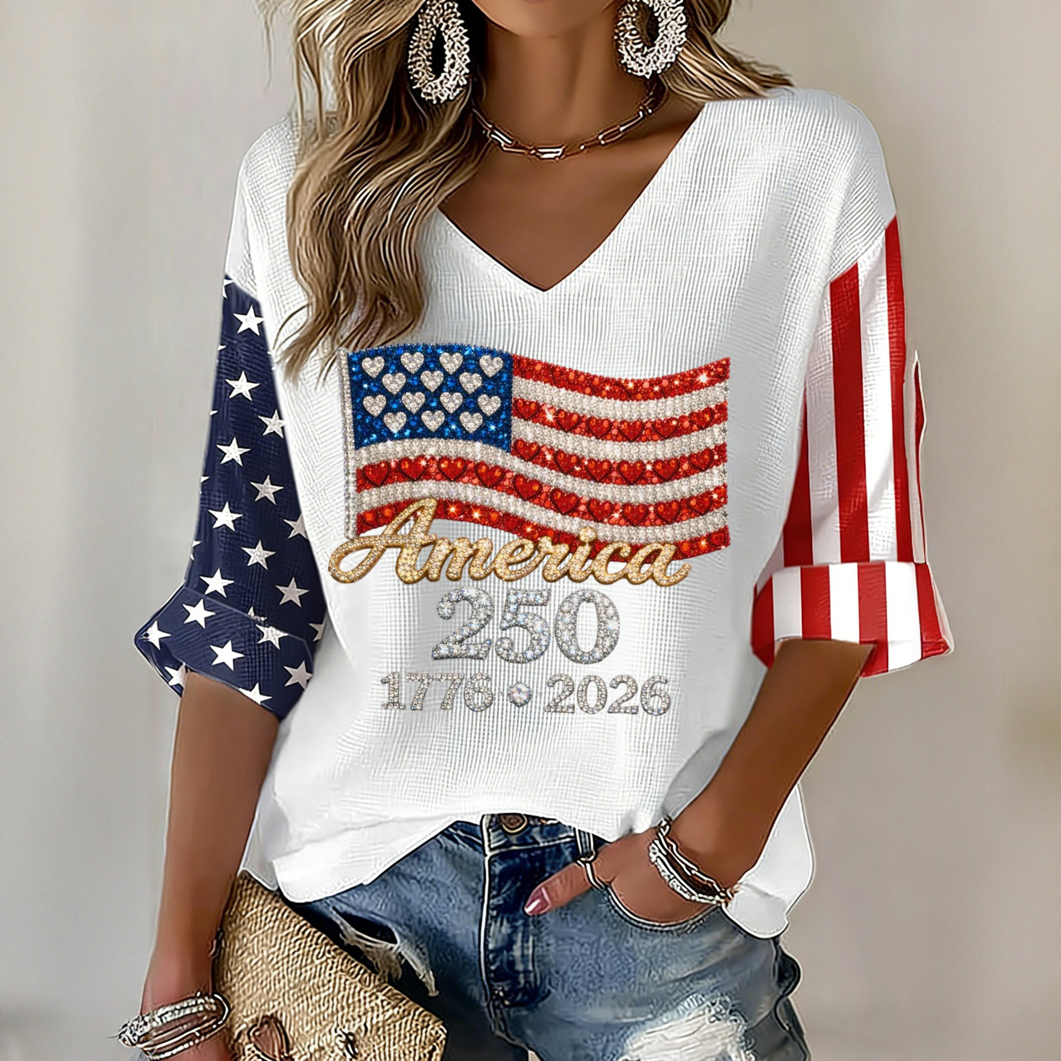 America 250th Anniversary 1776 2026 V-Neck Long Sleeve Shirt Best 4th Of July Apparel
