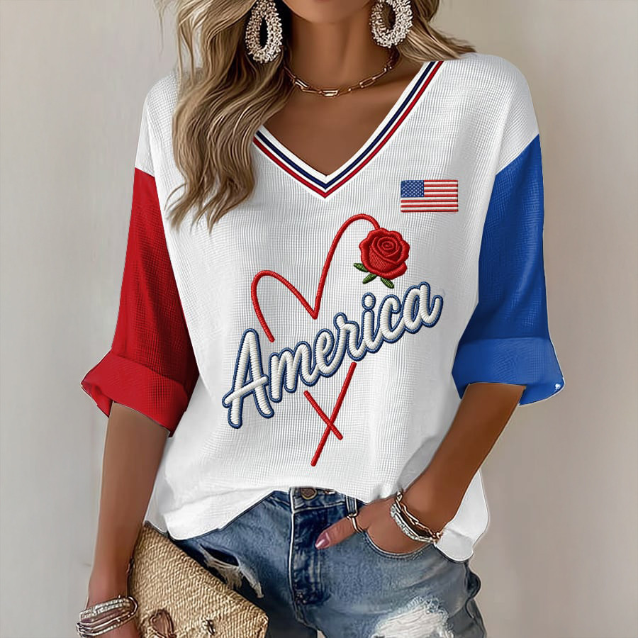 America 250th Anniversary 1776 2026 V-Neck Long Sleeve Shirt Independence Day Apparel Gift Idea