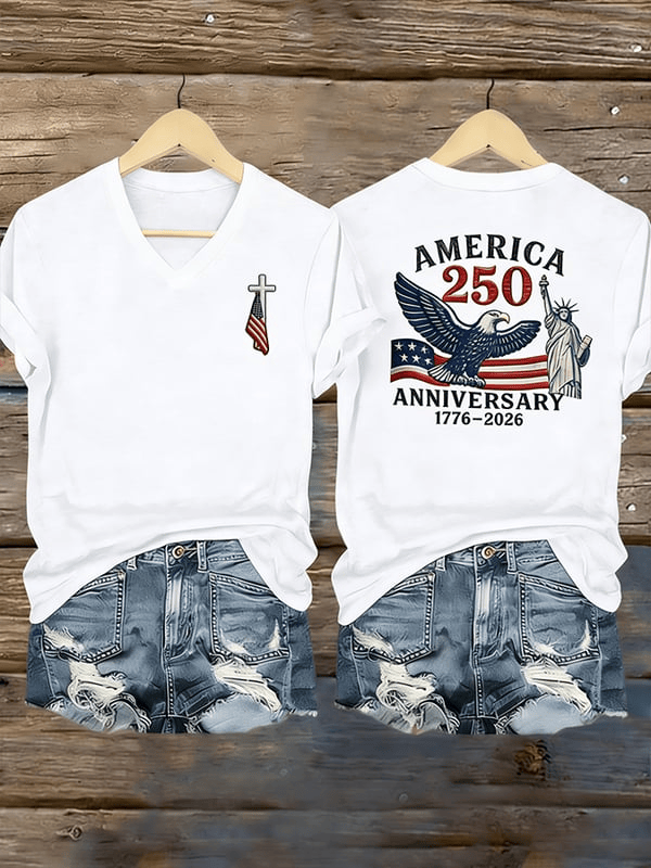 America 250th Anniversary 1776 2026 V-Neck Shirt Faith Based Cross Apparel Best Patriotic Gifts