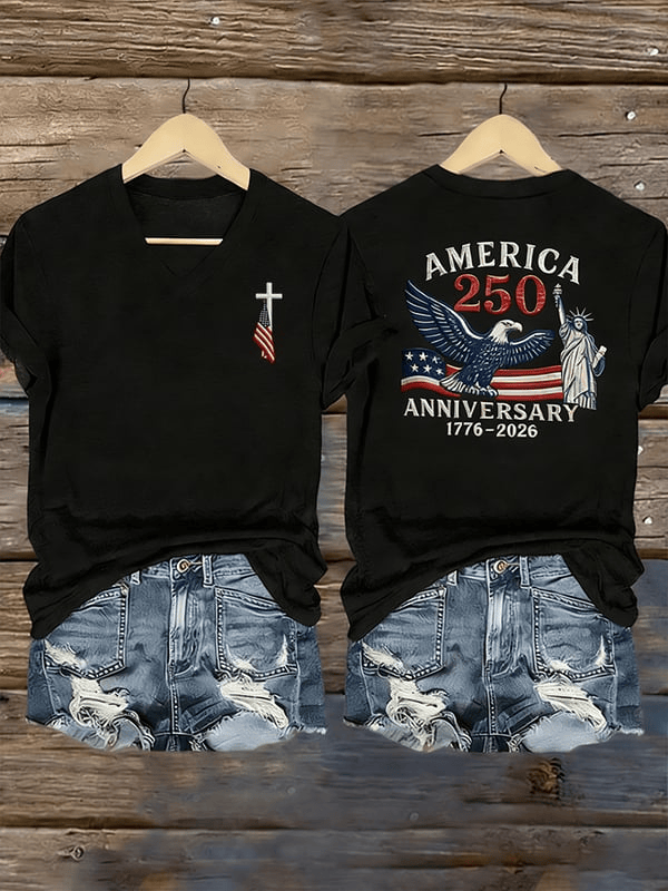 America 250th Anniversary 1776 2026 V-Neck Shirt Faith Cross Apparel Gifts For 4Th Of July