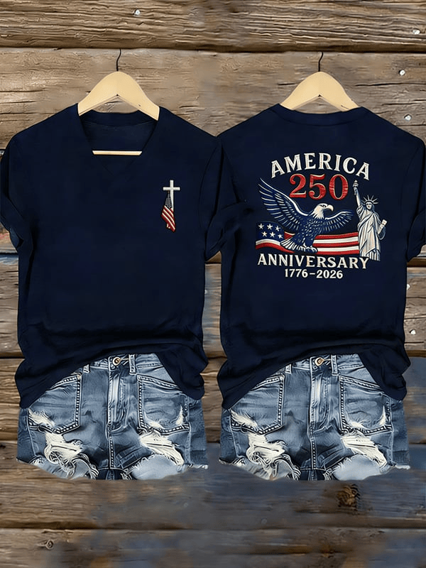 America 250th Anniversary 1776 2026 V-Neck Shirt Faith Cross Apparel Patriotic Gifts For Her