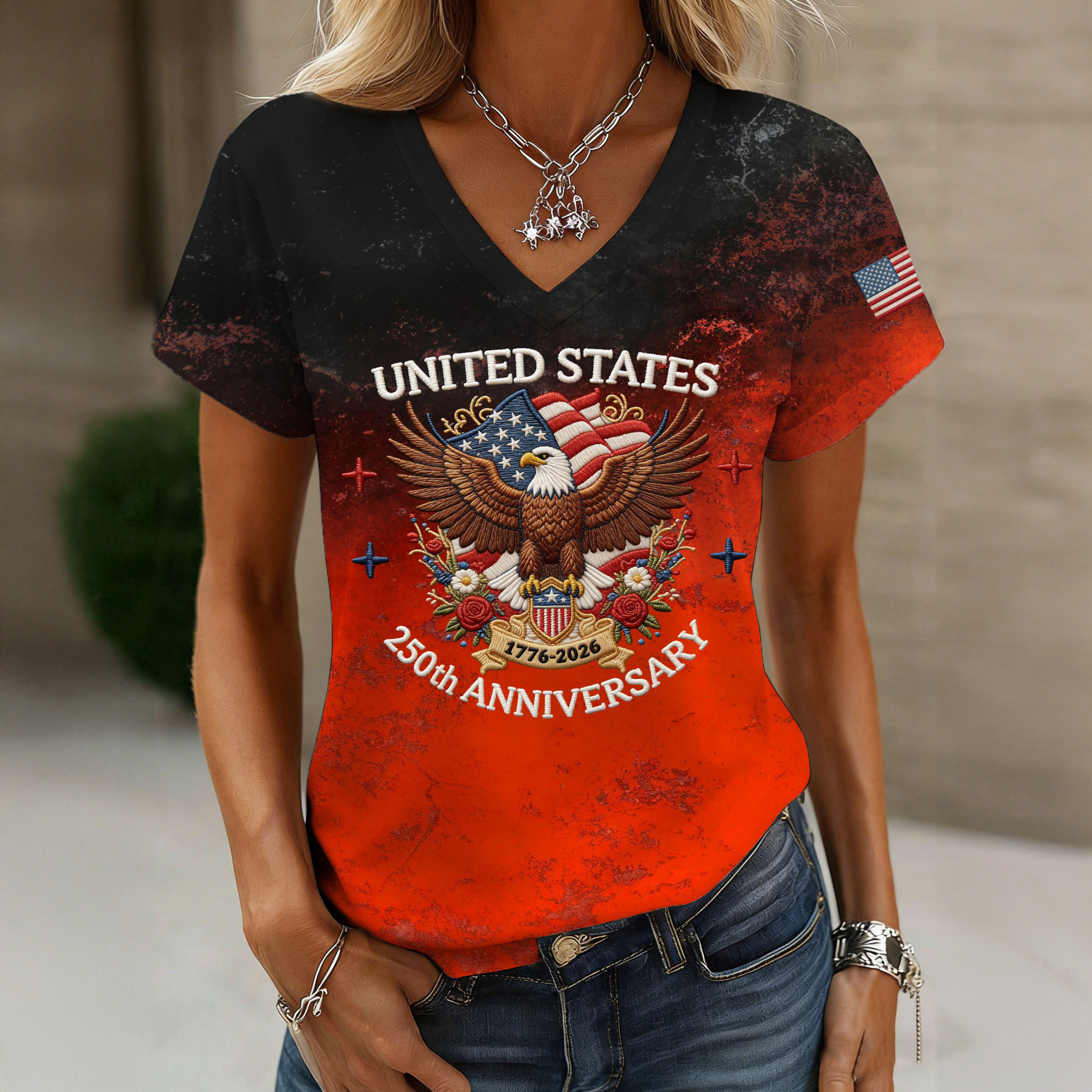 America 250th Anniversary 1776 2026 V-Neck Shirt Patriotic Eagle Independence Day Clothes