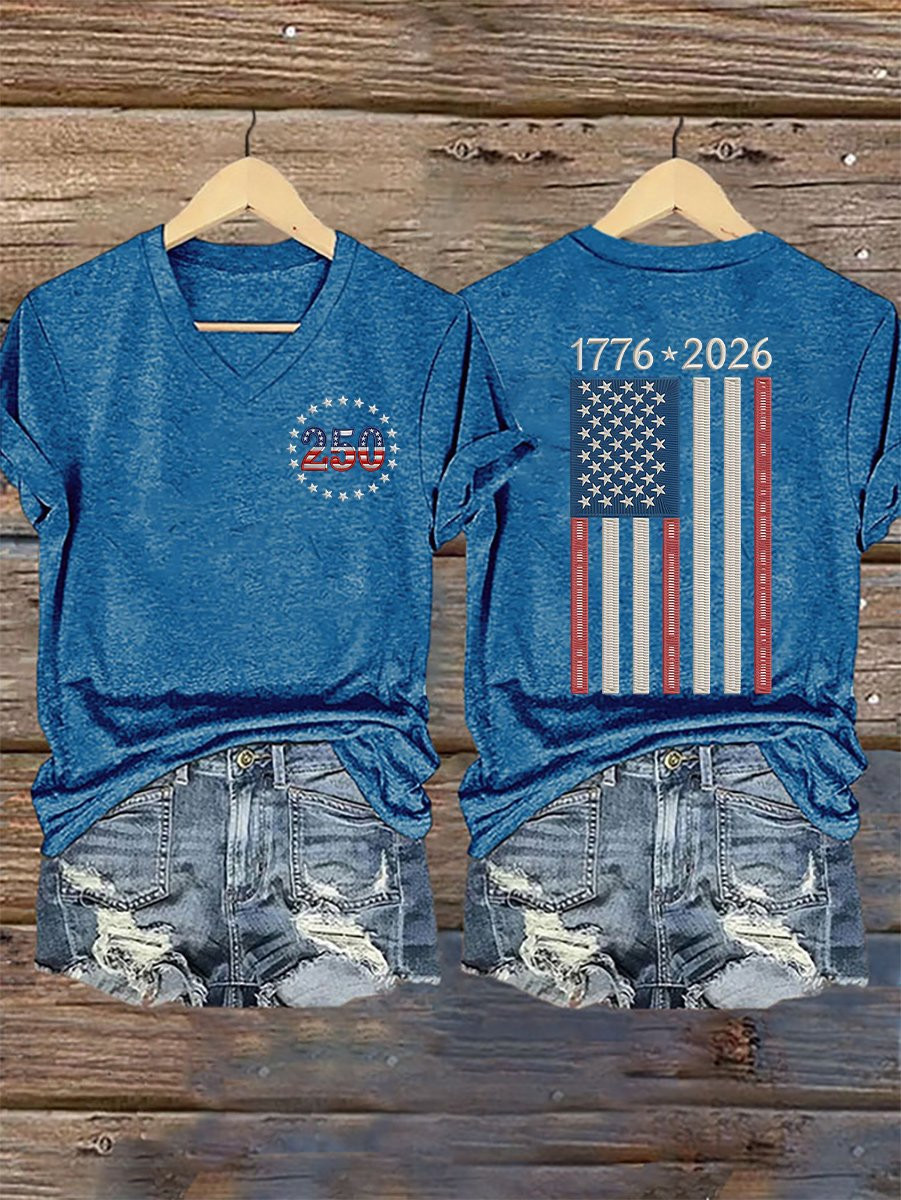 America 250th Anniversary 1776 2026 V-Neck T-Shirt Patriotic Women's Clothing Sister Gifts