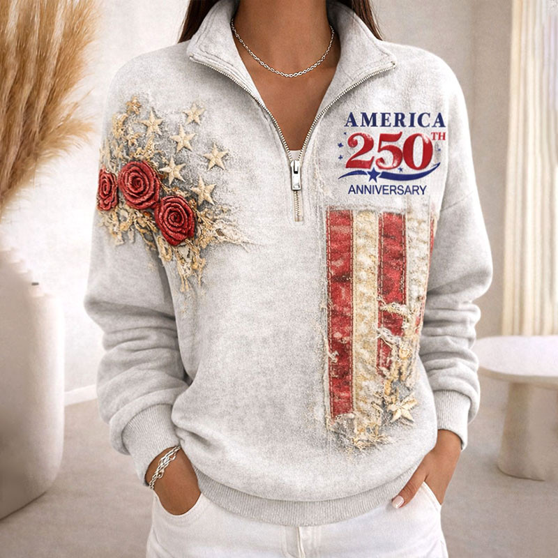 America 250th Anniversary 1776 2026 Zip Sweatshirt Flower Themed July 4th Apparel