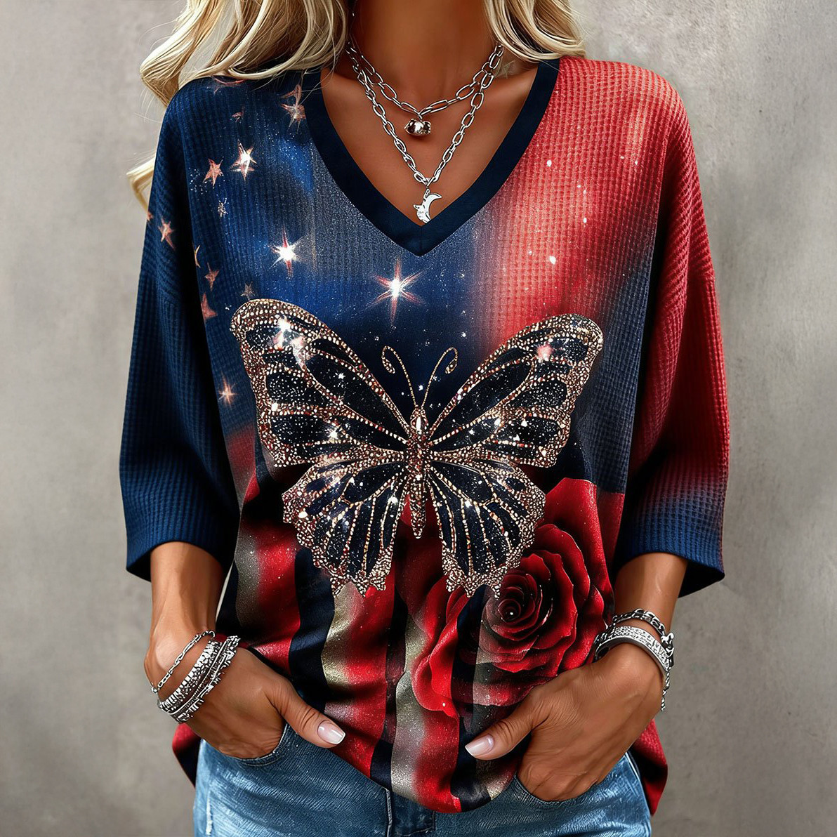 America 250th Anniversary Butterfly Patriotic V-Neck Long Sleeve Shirt Independence Day Merch