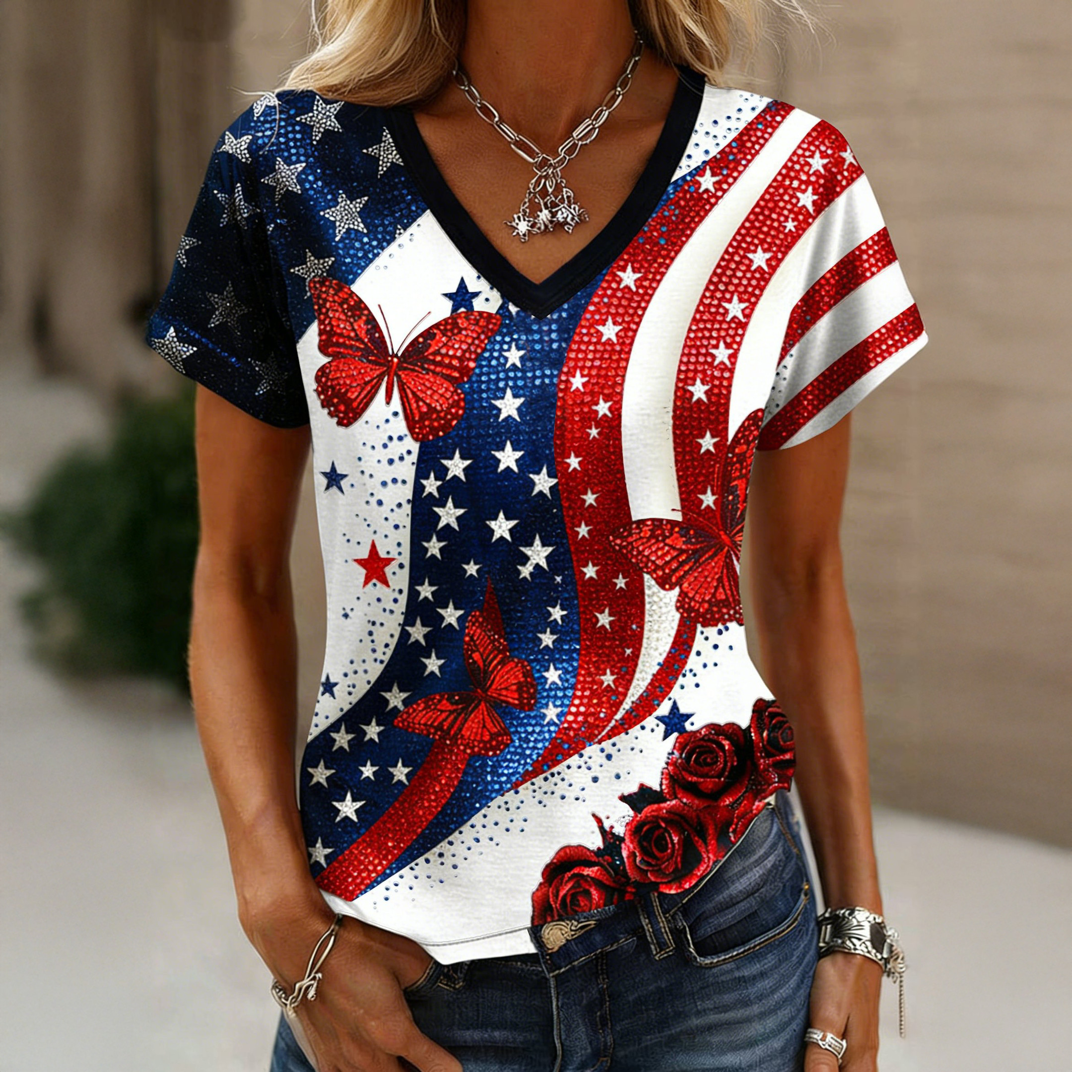 America 250th Anniversary Butterfly V-Neck Shirt Independence Day 2026 Shirt July 4 Gifts