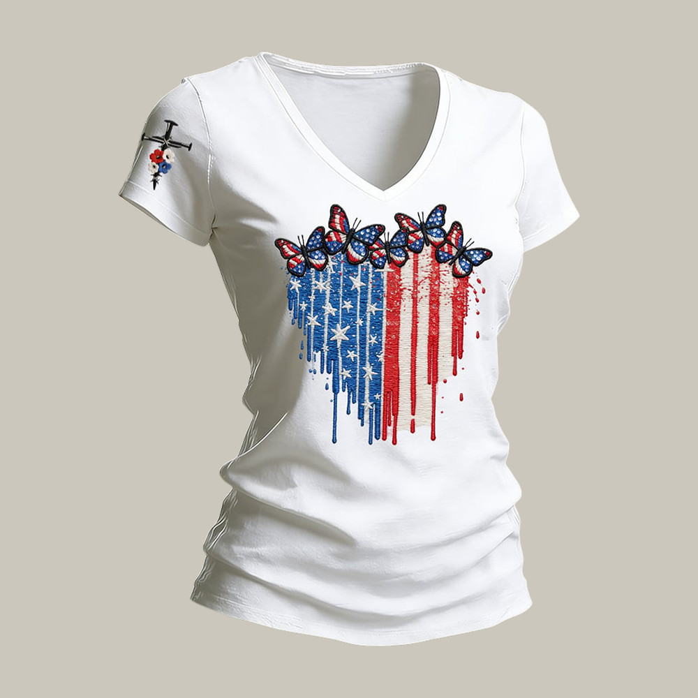 America 250th Anniversary Butterfly V-Neck Shirt July 4 Outfits Present For Mother