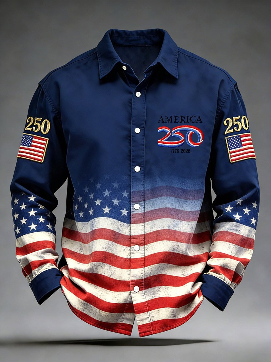 America 250th Anniversary Button Up Long Sleeve Shirt USA Flag 4Th Of July Apparel Men Gifts