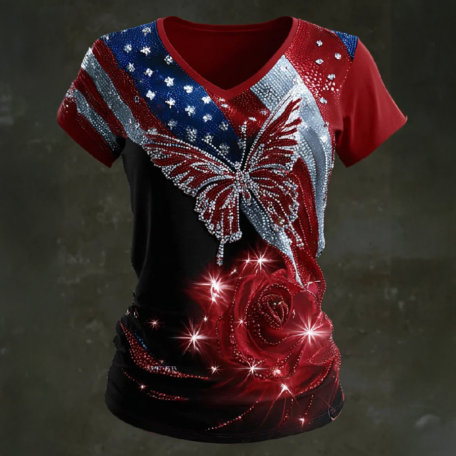America 250th Anniversary Commemorative Butterfly V-Neck Shirt America's Birthday Clothes