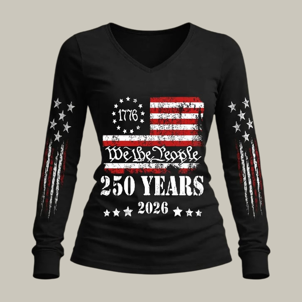 America 250th Anniversary Commemorative V-Neck Long Sleeve Shirt 1776 2026 Merch July 4 Present