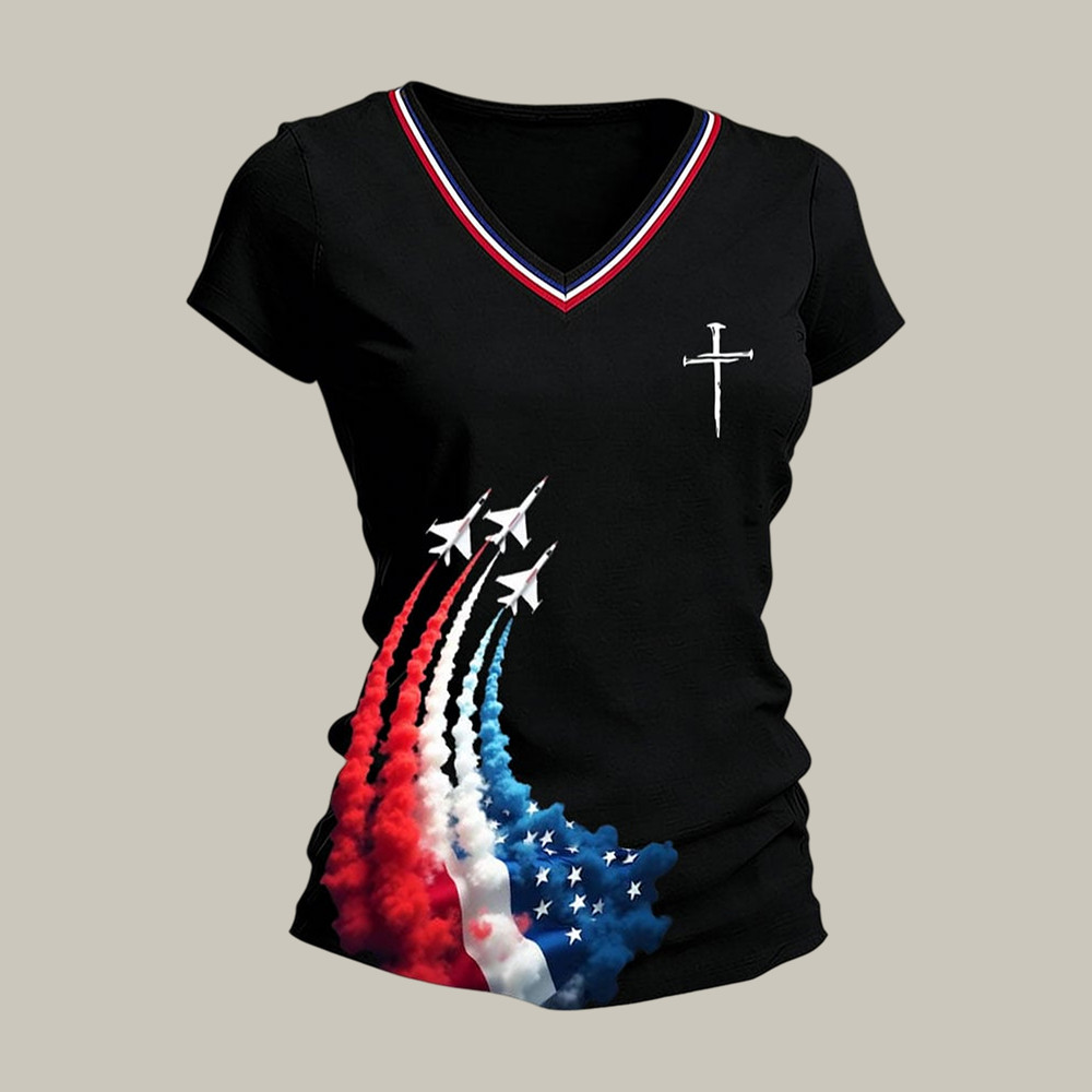 America 250th Anniversary Faith Cross V-Neck Shirt Independence Day Clothing Best Gift For Patriots