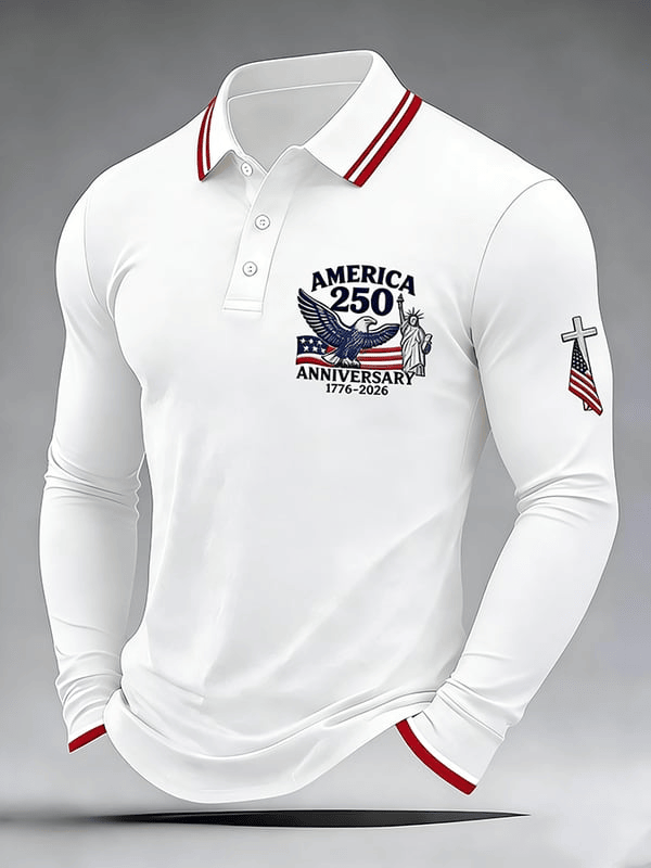 America 250th Anniversary Faith Retro Long Sleeve Polo Shirt Patriot Clothing 4Th Of July Gifts