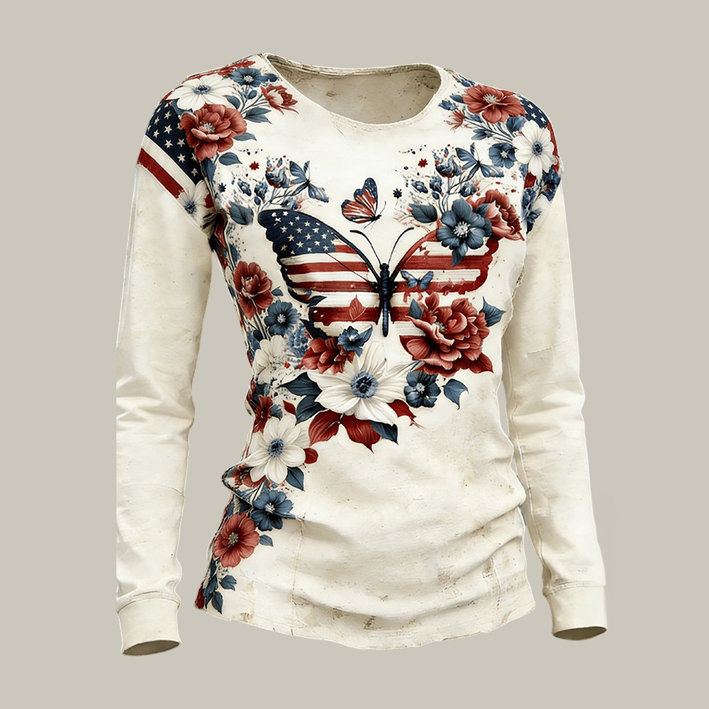 America 250th Anniversary Floral Butterfly Long Sleeve Shirt July 4 Outfits Gift For Wife