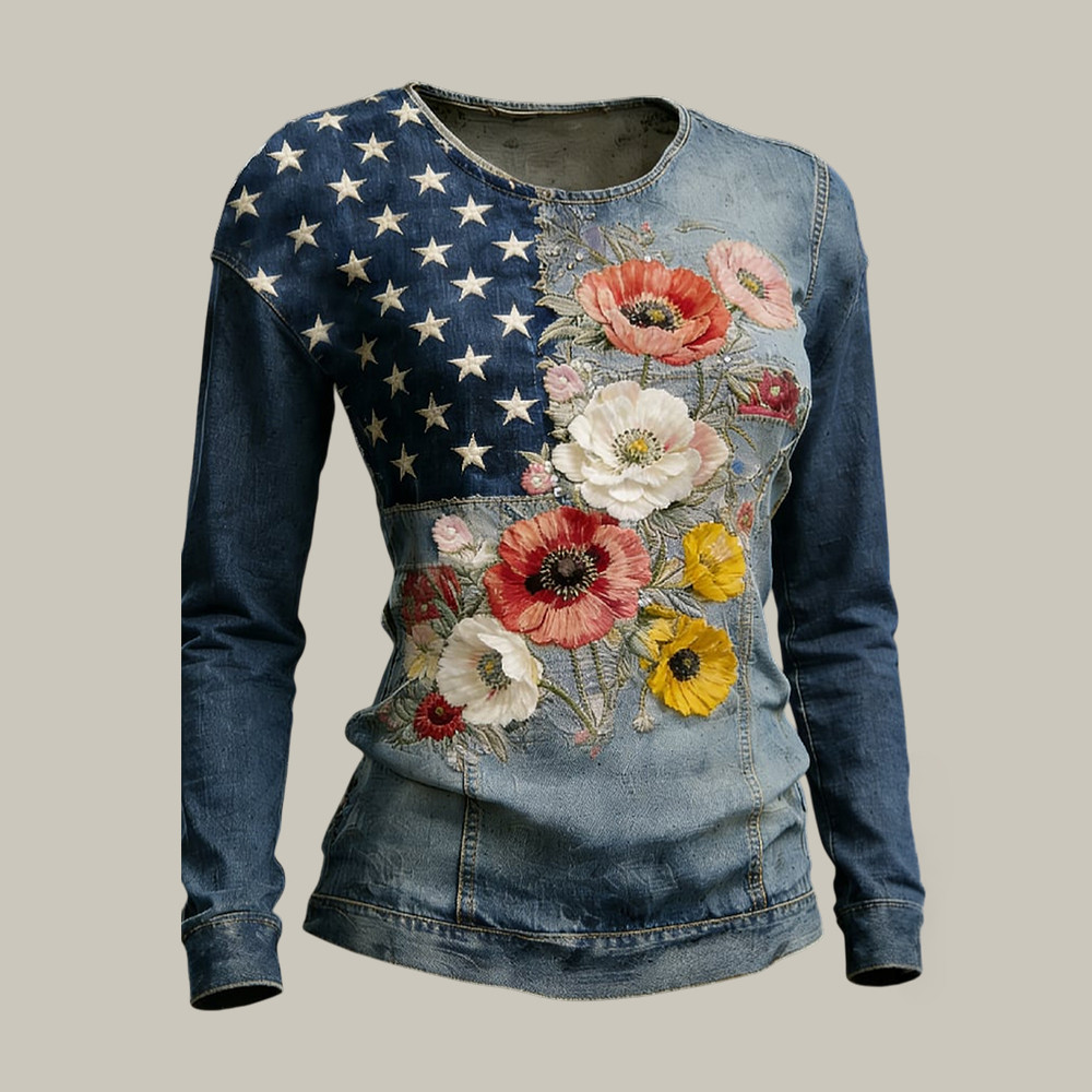 America 250th Anniversary Floral Long Sleeve Shirt 4th Of July Attire Patriotic Wife Gift