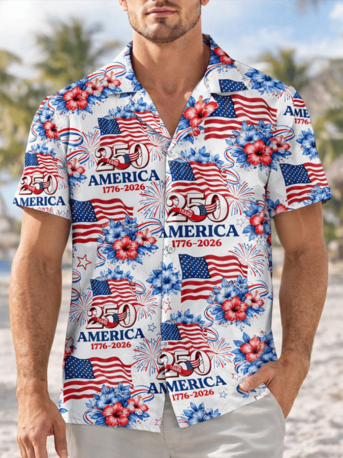 America 250th Anniversary Hawaiian Shirt Patriotic USA Flag Floral Firework Merch Gift For Men