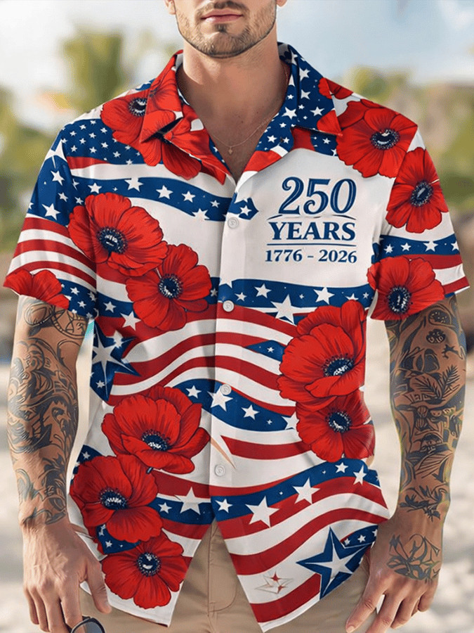 America 250th Anniversary Hawaiian Shirt Patriotic USA Flag With Poppy Clothing Gift Ideas