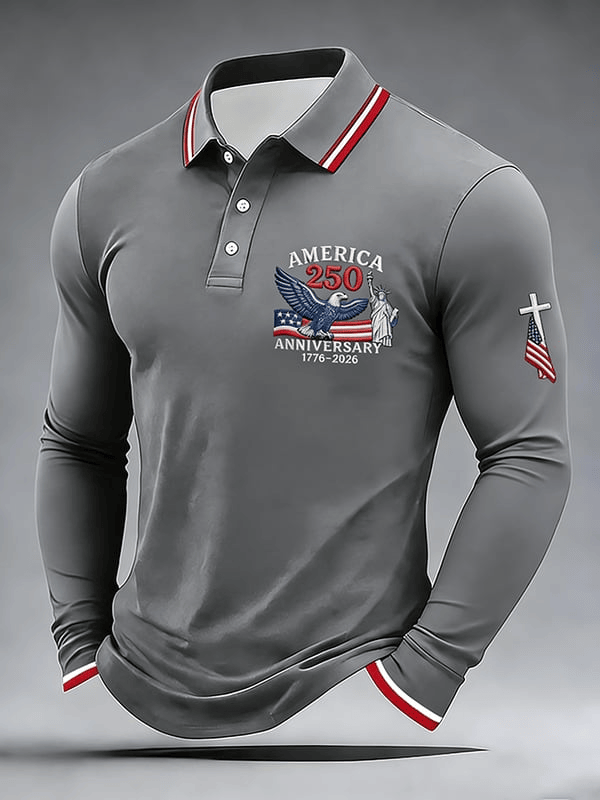America 250th Anniversary Long Sleeve Polo Shirt Faith Cross Flag Patriotic Apparel Dad Gifts