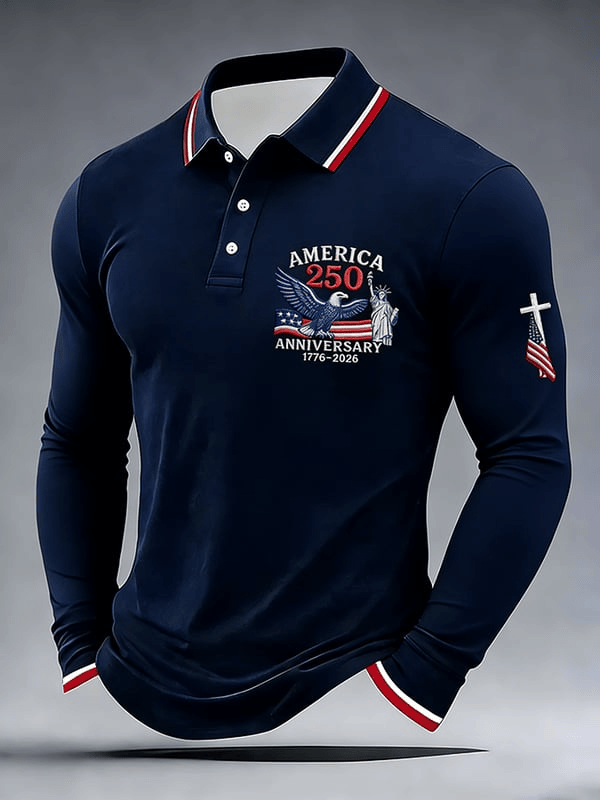 America 250th Anniversary Long Sleeve Polo Shirt Faith Cross USA Flag Clothing Patriotic Gifts
