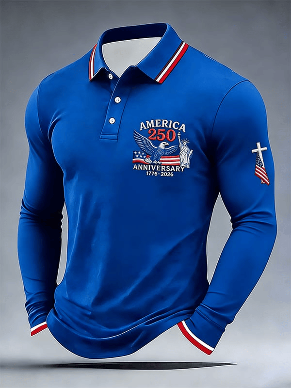 America 250th Anniversary Long Sleeve Polo Shirt Faith Cross USA Flag Merch Best Patriotic Gift