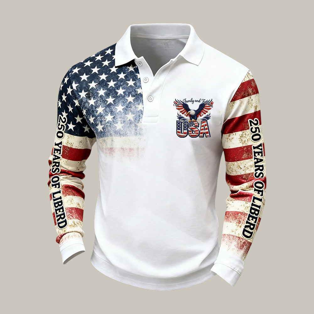 America 250th Anniversary Patriotic Eagle Polo Long Sleeve Shirt 4th Of July Outfit Ideas
