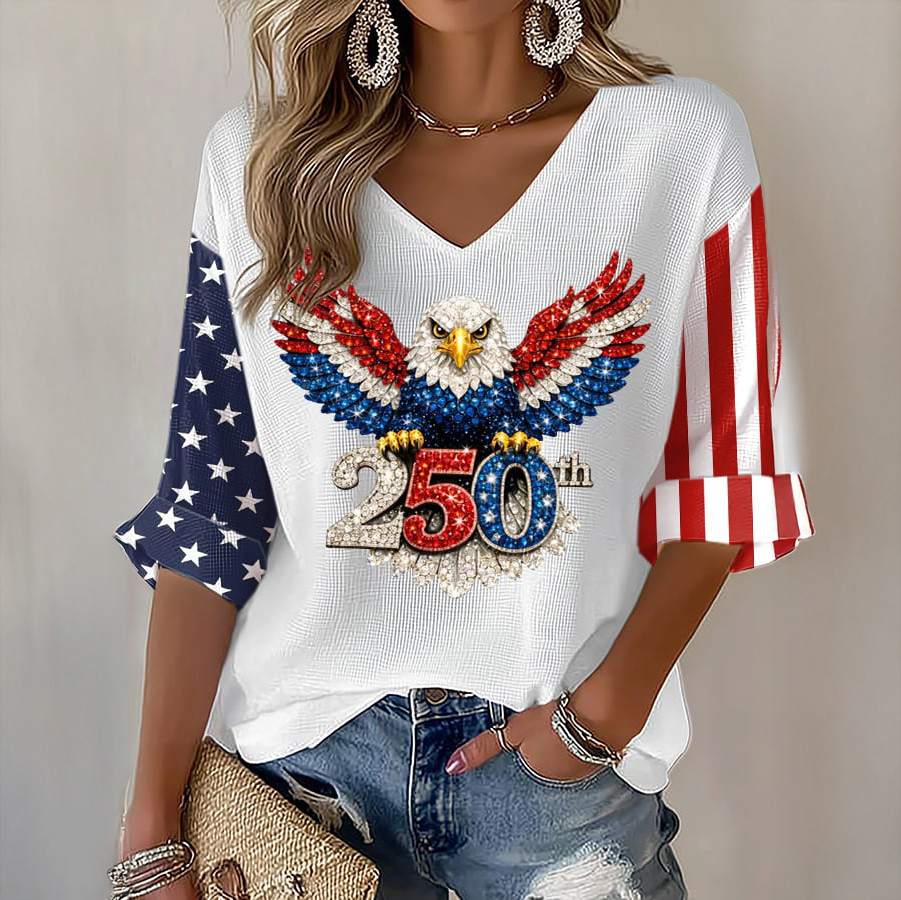 America 250th Anniversary Patriotic Eagle V-Neck Long Sleeve Shirt Independence Day 2026 Apparel