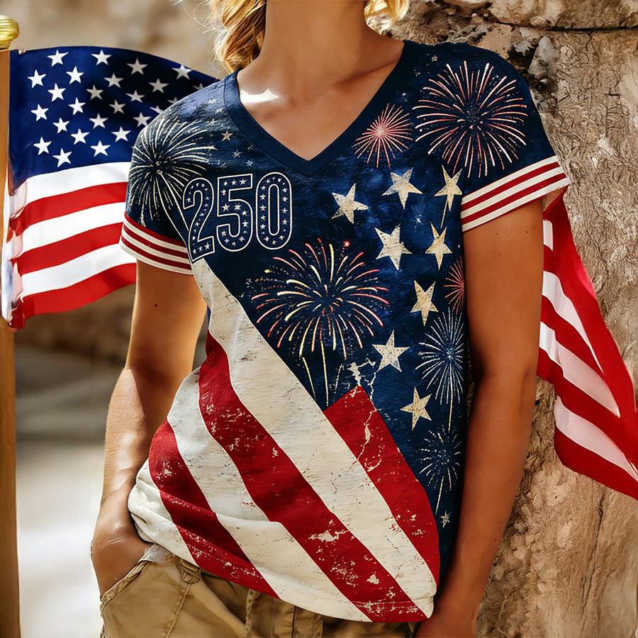 America 250th Anniversary Stars Fireworks V-Neck Shirt Independence Day 2026 Shirt