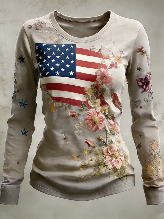 America 250th Anniversary USA Flag And Floral Print Shirt Women's Long Sleeve Patriotic Shirts America 250th Anniversary USA Flag And Floral Print Shirt Women's Long Sleeve Patriotic Shirts
