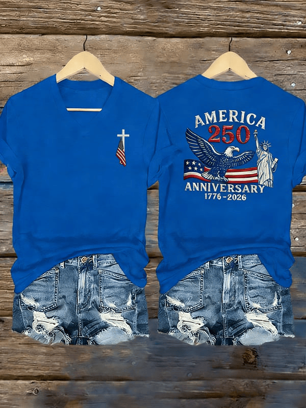 America 250th Anniversary V-Neck Shirt 1776 2026 Faith Cross Apparel Patriotic Gifts