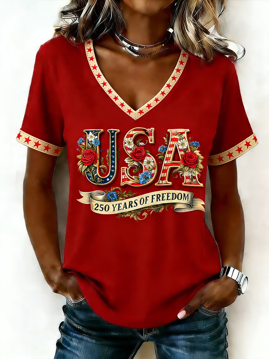 America 250th Anniversary V-Neck T-Shirt 1776 2026 Women's Fourth Of July Clothes Mom Gifts