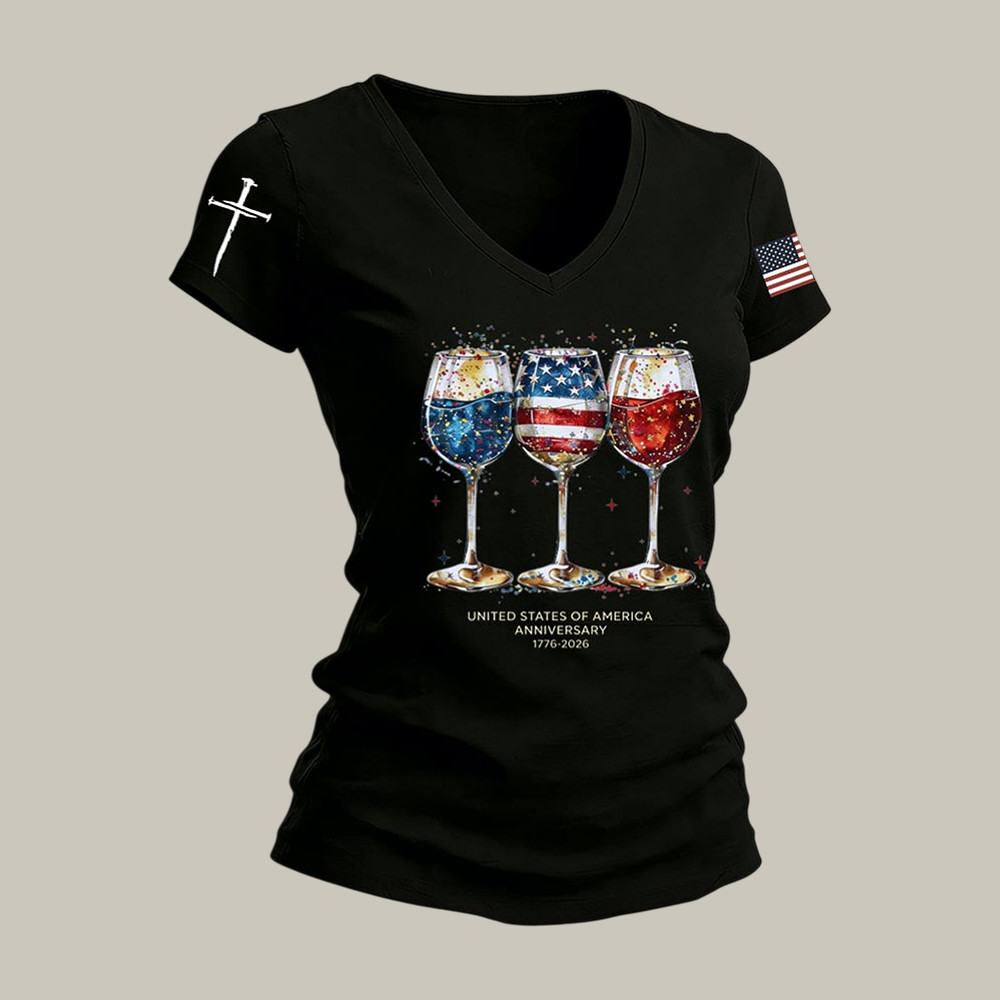 America 250th Anniversary Wine Glassess T-Shirt Faith Cross Independence Day Shirt Patriotic Gift