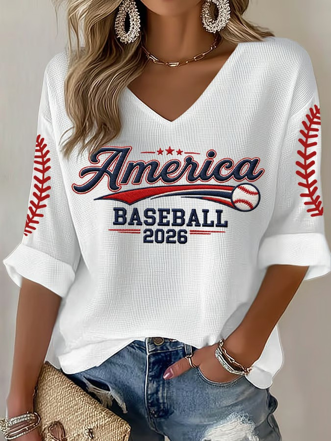 America Baseball 2026 Long Sleeve V-Neck Shirt World Classic Stitch Patriotic Fan Clothing Best Gift For Mom