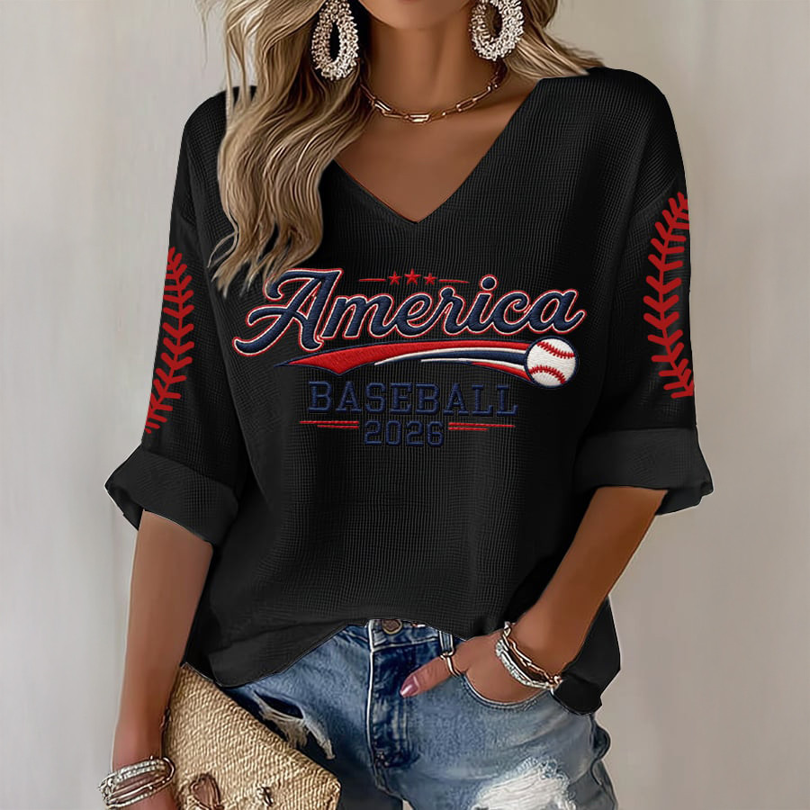 America Baseball 2026 V-Neck Long Sleeve Shirt 2026 World Baseball Classic Merch Gift For Girlfriend