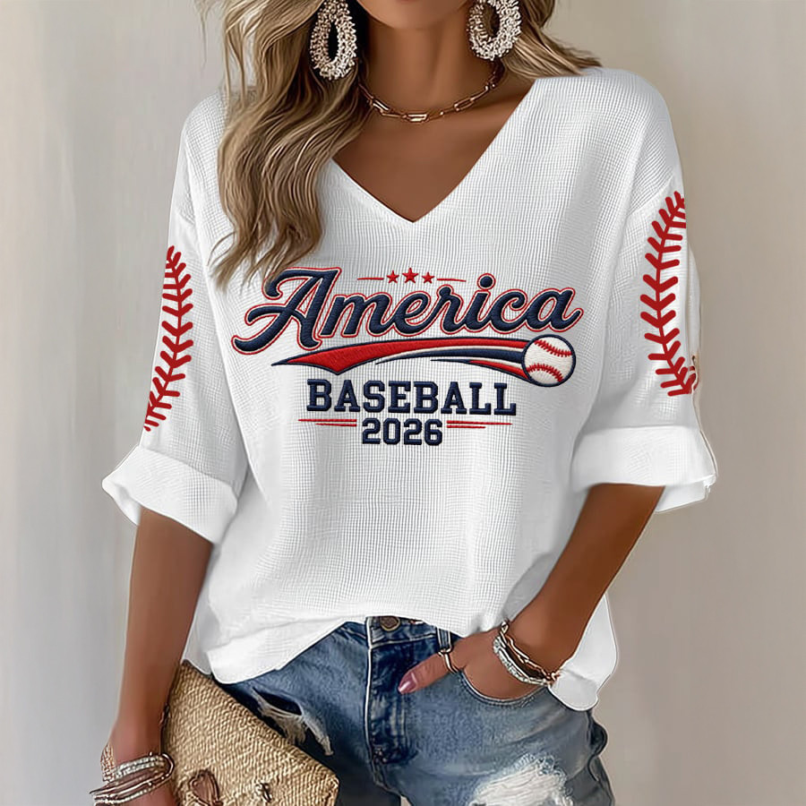 America Baseball 2026 V-Neck Long Sleeve Shirt USA Baseball Team Apparel Fan Gear