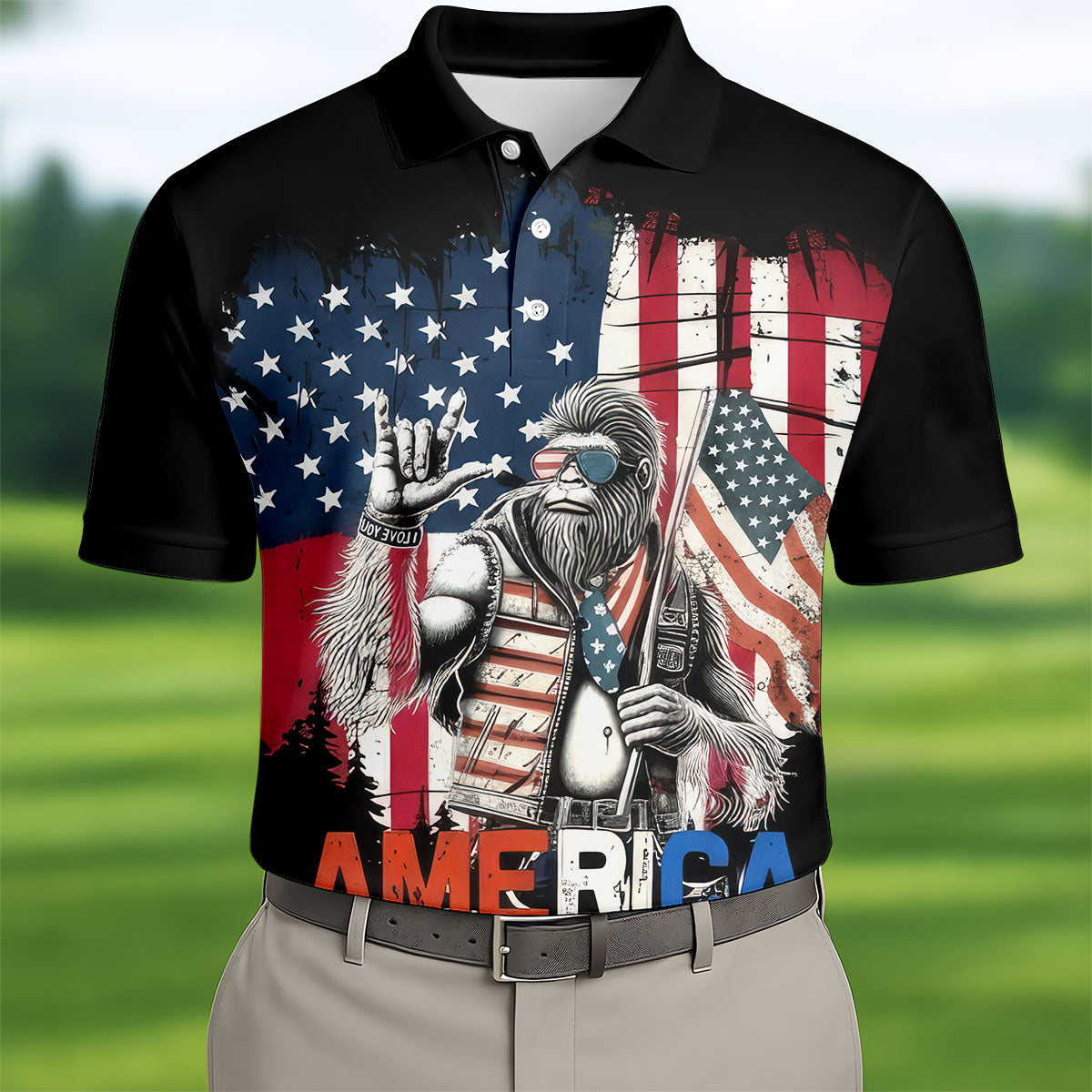 America Bigfoot Golf Polo Shirt Patriotic Golf Polos Best Gifts For Men Golfers