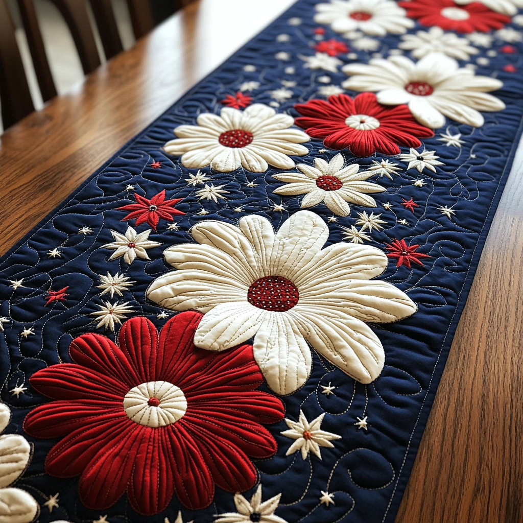 America Blossoms Quilted Table Runner Elegant Holiday Decor Patriotic Gift Items