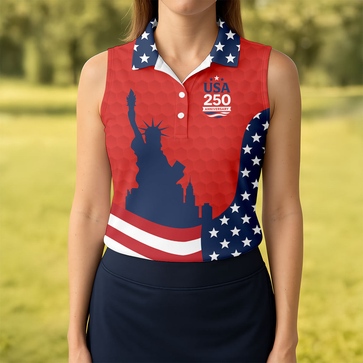 America Celebrates 250Th Anniversary Sleeveless Polo Shirt Statue Of Liberty Patriotic Apparel