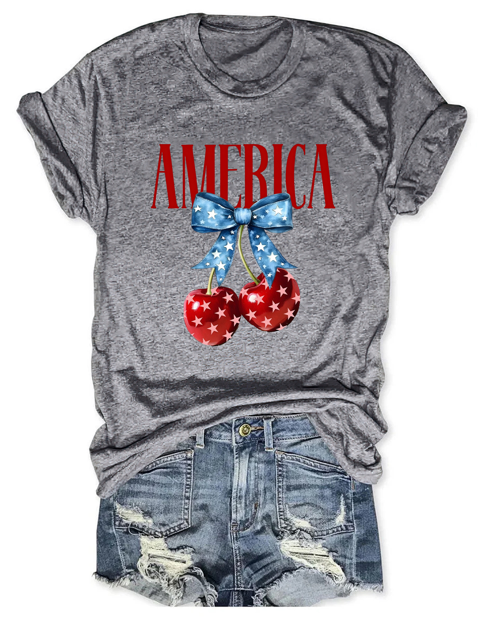 America Cherries T-Shirt Ribbon Graphic Design Patriotic Shirt Gift Ideas For Her