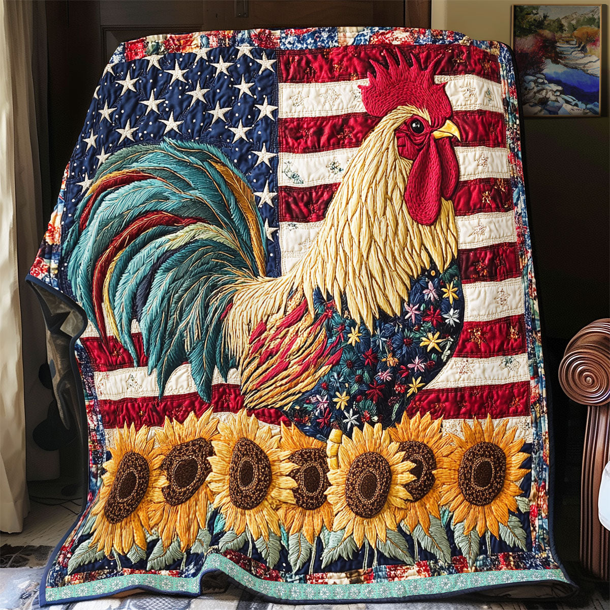 America Chicken Quilt Blanket Sunflowers USA Flag Patriotic Gifts With Chickens On Them