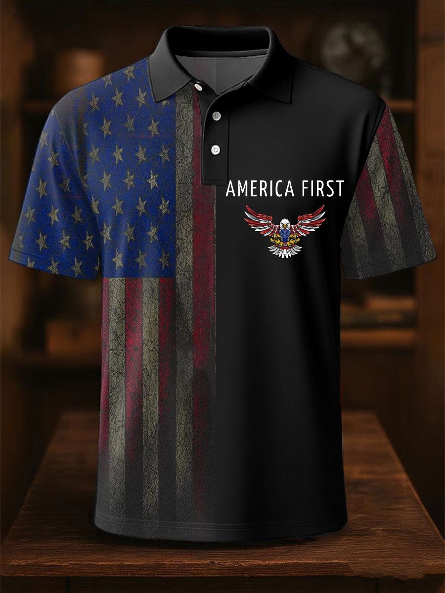 America First Polo Shirt with USA Flag Gift for Patriotic Supporters Classic Casual Top