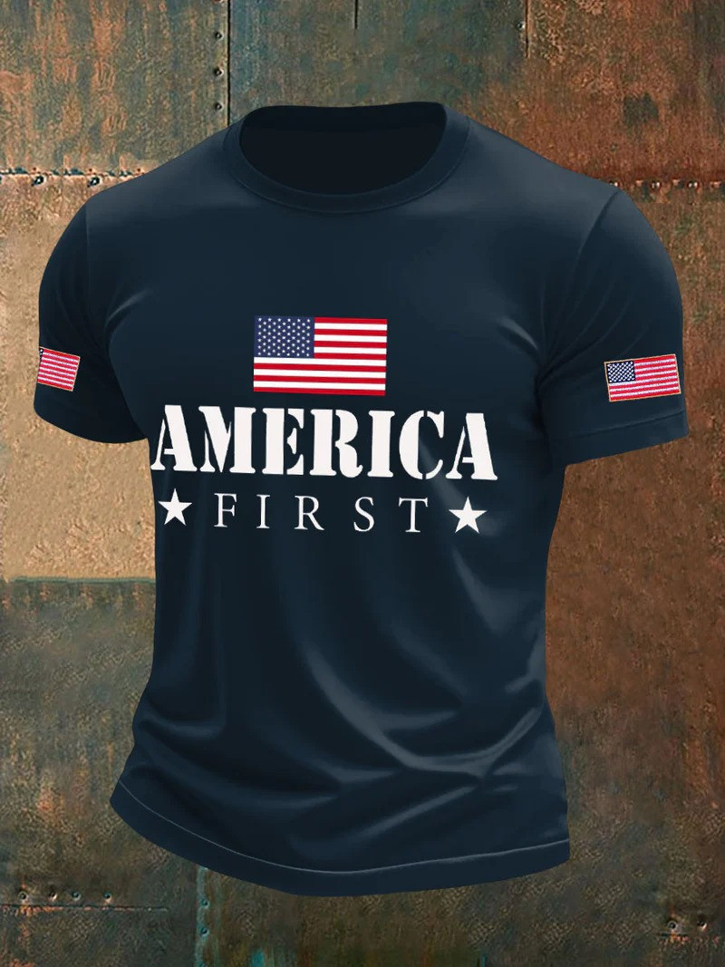 America First T-Shirt Patriotic USA Flag Clothing Bold Stars And Stripes Apparel Gift For Him