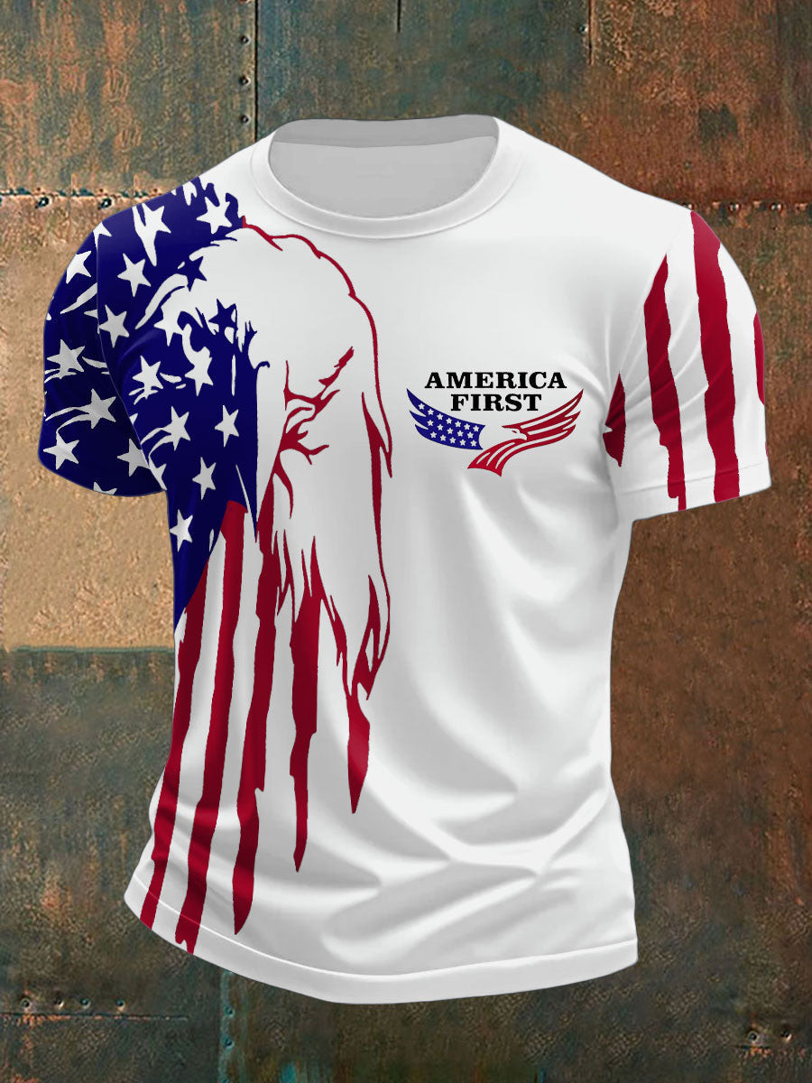 America First USA Flag Split T-Shirt Patriotic White Tee With Slogan Political Themed Gifts