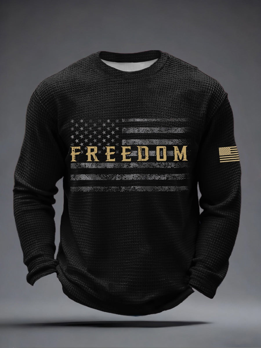 America Freedom Waffle Long Sleeve T-Shirt Men Patriotic USA Best Gift For Men
