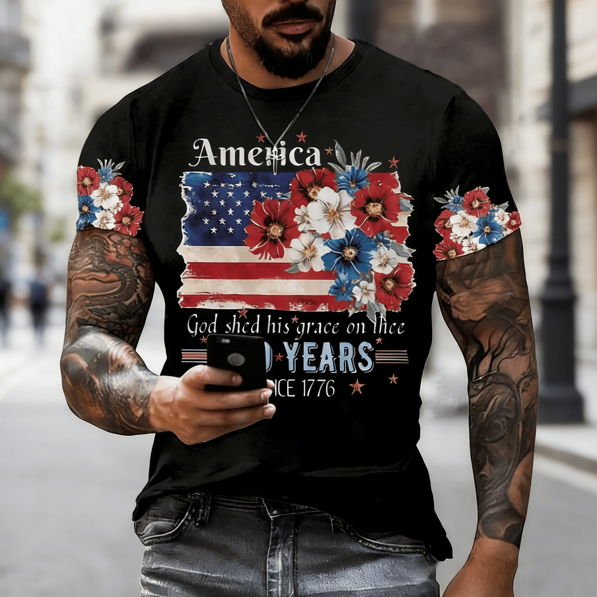 America God Shed His Grace 1776 2026 Floral T-Shirt 250th Anniversary Clothes Gift For Christians