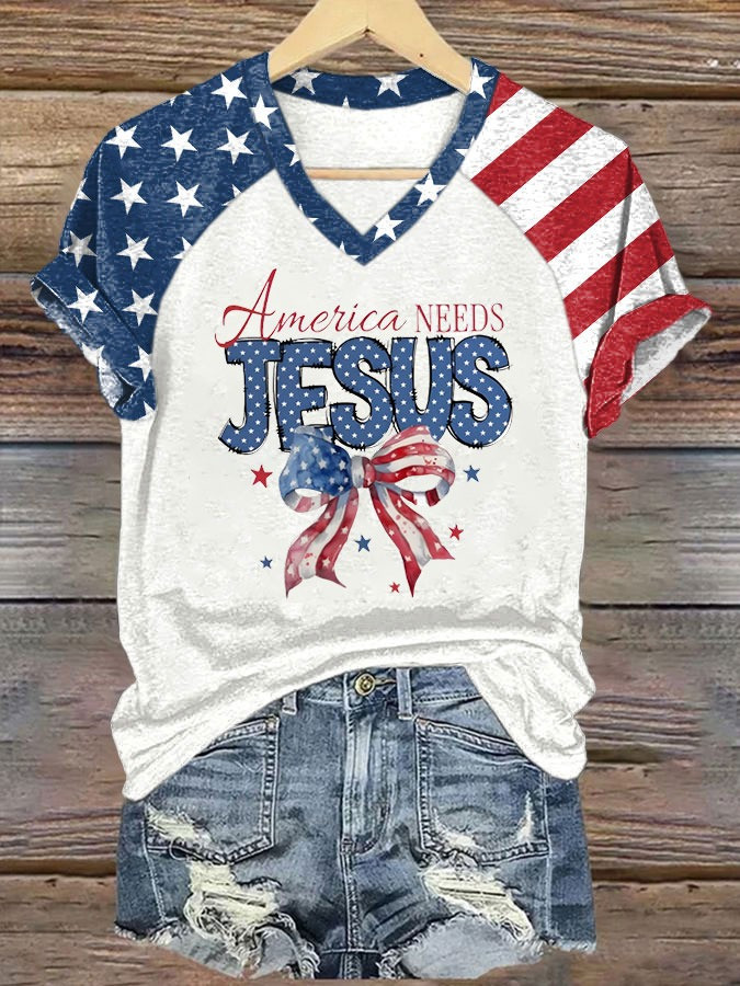 America Needs Jesus Women's V-Neck Shirt 4th Of July Shirt Gifts For Mom