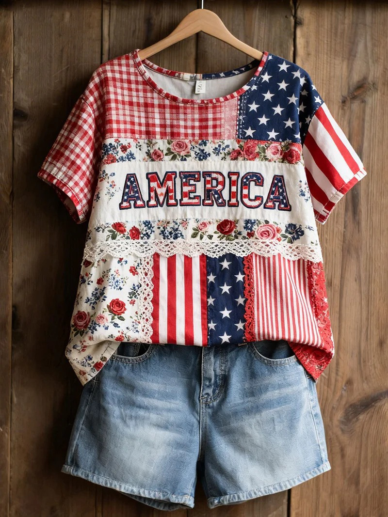 America Patchwork T-Shirt Stars And Stripes Tee Floral USA Shirt Independence Day Gift
